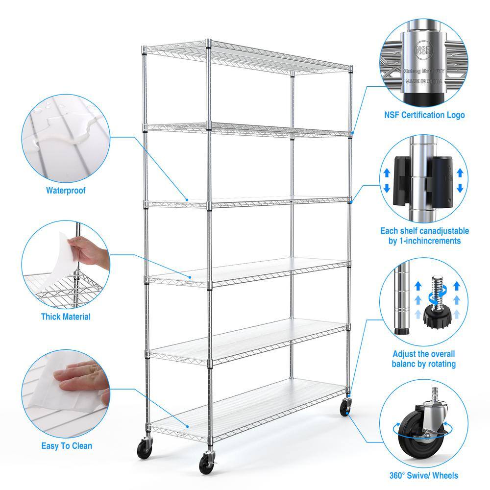 48-inch Chrome Heavy Duty 6-Tier Wire Storage Rack with Wheels