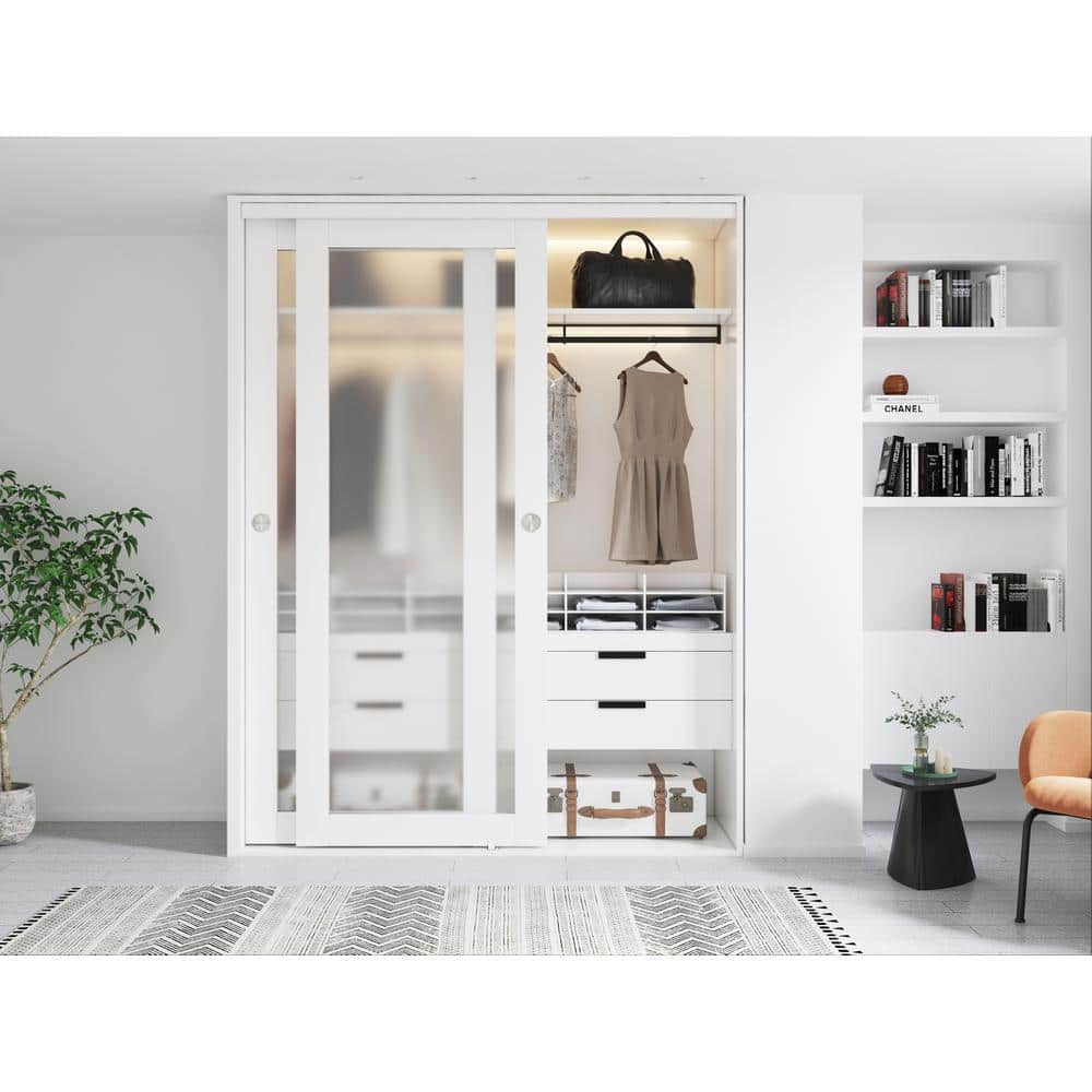 White Frosted Glass Sliding Bypass Closet Door with Hardware Kit