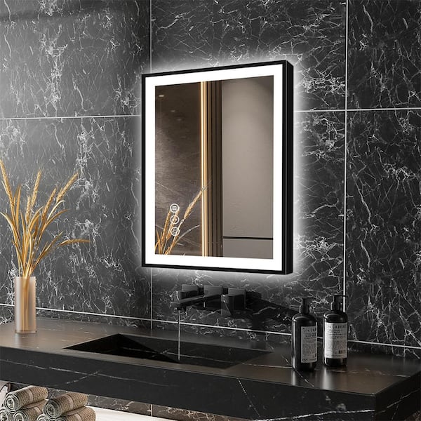 ExBrite LumiCont 24 in. W x 32 in. H Medium Rectangular Black Framed Anti-Fog LED Wall Bathroom Vanity Mirror Lighted Mirror