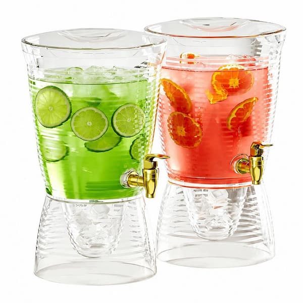 1.6 Gallon Clear Plastic Beverage Dispenser with Ice Compartment and Removable Base for Parties, 2-Pack