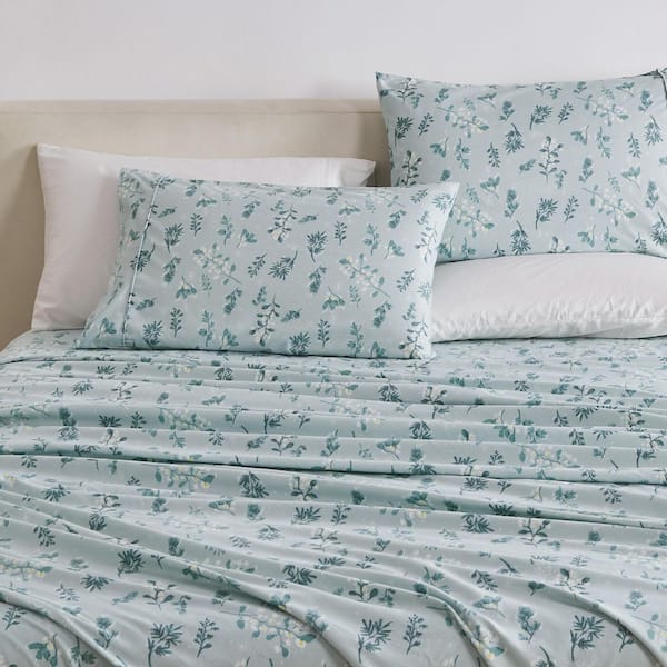 FRESHFOLDS Green Soft Floral Printed 4-Piece Microfiber Bed