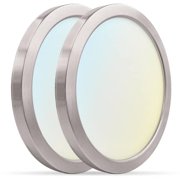 LUXRITE 9 in. Nickel Modern Flush Mount Ceiling Light Fixture LED integrated 18-Watt 1250LM 5CCT 2700K-5000K Dimmable (2-Pack)