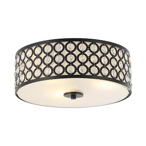 14 in. 3-Light Black Drum Flush Mount Crystal Ceiling Light with Clear Inner Shade
