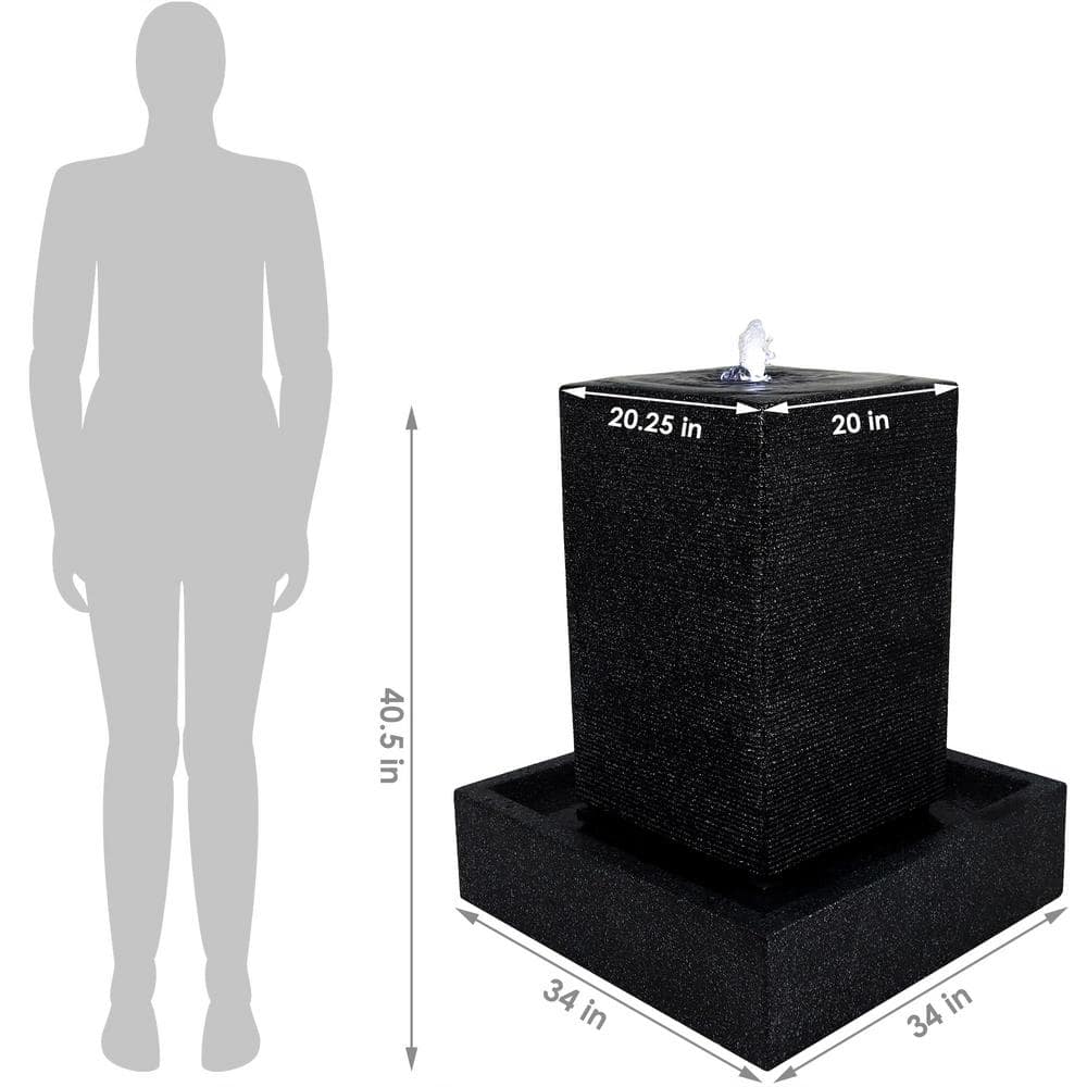 Large Dark Grey Polyresin Pillar Outdoor Water Fountain with LED Lights