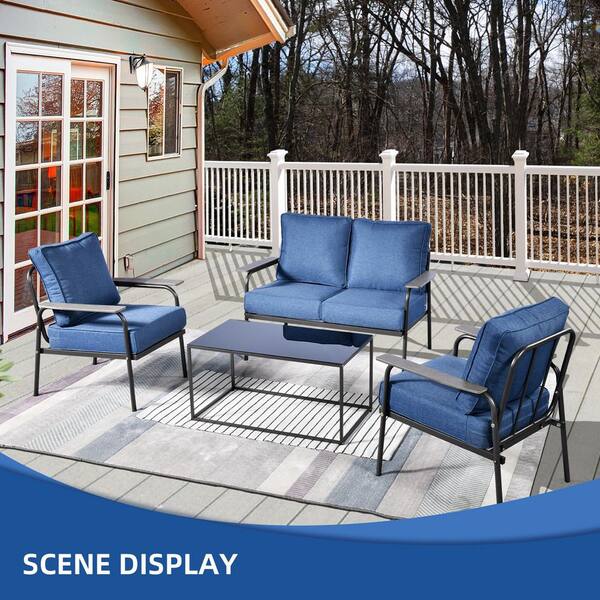XIZZI Mercury 4-Piece Wicker Outdoor Patio Conversation Seating Set with Denim Blue Cushions