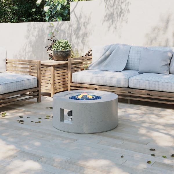 PATIOGUARDER 28 in. Round Terrazzo Outdoor Fire Pit Table with Blue Glass Stone and Rain Cover in Off-White