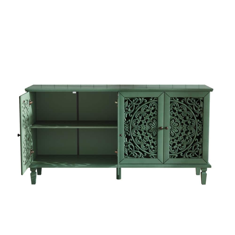 59.84 in. W x 15.55 in. D x 31.69 in. H Green Linen Cabinet with Antique Brass Handles&Adjustable Shelves