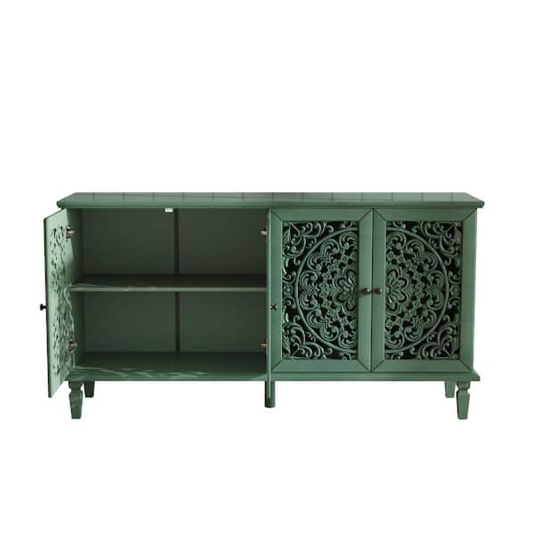 59.84 in. W x 15.55 in. D x 31.69 in. H Green Linen Cabinet with Antique Brass Handles&Adjustable Shelves