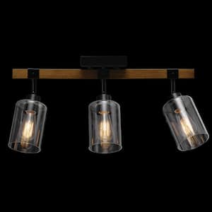 Austin 2 ft. 3-Light Faux Wood Fixed Track Lighting Kit with Matte Black Accents and Clear Glass Shades