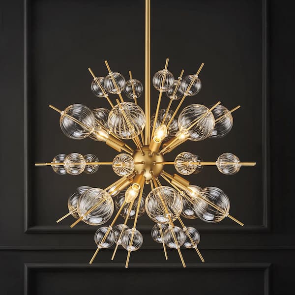 RRTYO Yursa 6-Light Mid-Century Modern Gold Linear Sputnik Textured Clear Glass Globe Bubble Chandelier for Dining Room