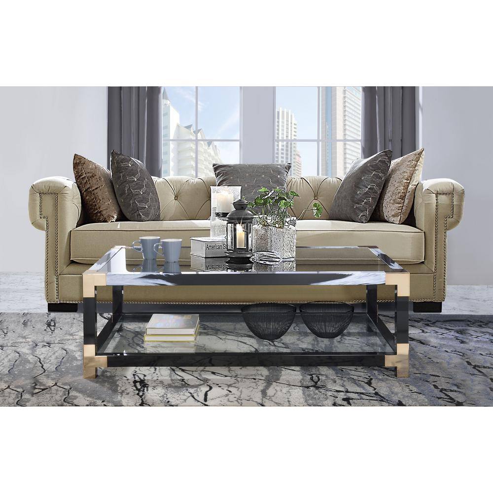 Black and Gold Rectangular Glass Coffee Table with Storage Shelf
