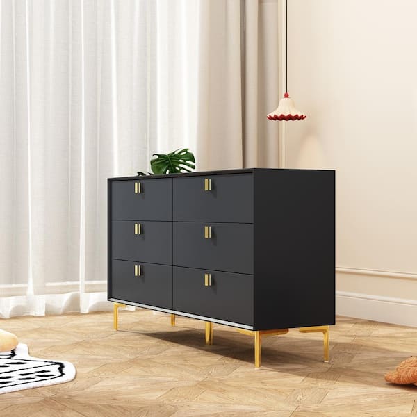 White 6-Drawers 55.1 in. Width Classic Wooden Dresser, Chest of Drawers, Storage Cabinet with Golden Legs and Handles