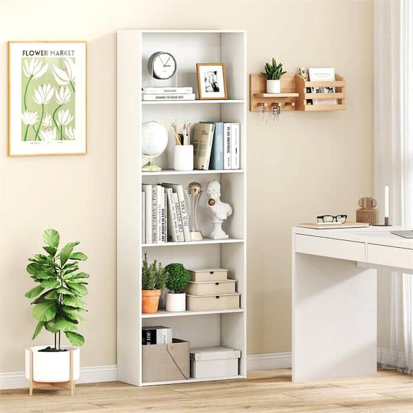 Costway 67 in. White MDF 5-Shelfves Standard Bookcase with Storage
