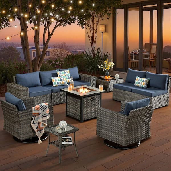 Caodoc Lanora Gray 10-Piece PE Rattan Wicker Outdoor Patio Conversation Set with Denim Blue Cushion & Square Fire Pit Table
