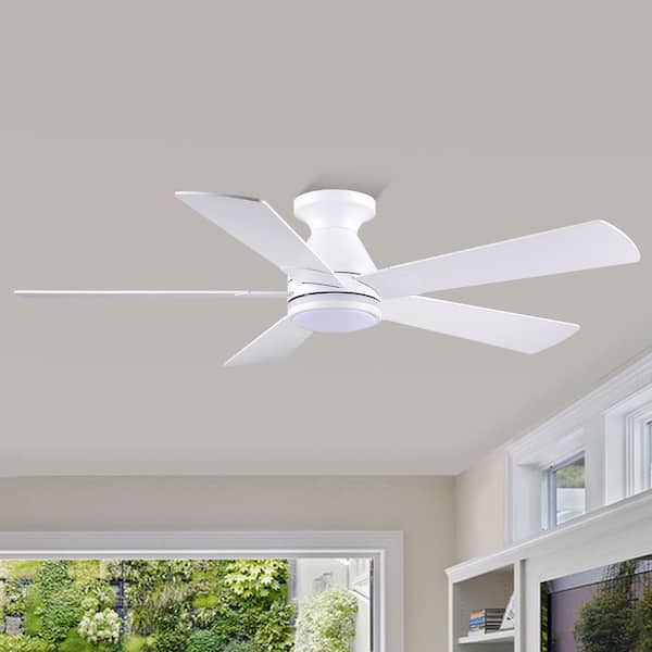 52 in. Indoor White Modern Flush Mount Ceiling Fan with Dimmable LED Lights and Remote, Quiet Reversible DC Motor