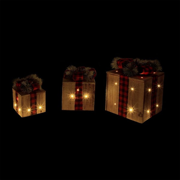 Alpine Corporation Decorative Wooden Christmas Gift Box Set with LED Lights  (3-Piece) WDR162A - The Home Depot