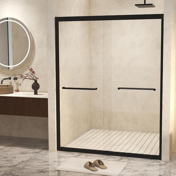 44-48 in. W x 72 in. H Double Sliding Frame Shower Door in Matte Black, 6mm(1/4 in.)Tempered Glass, Explosion Proof Film