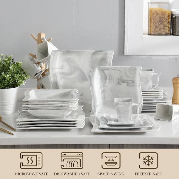MALACASA Square Dinnerware Sets, 32-Piece Porcelain Plates and Bowls Sets  for 6, Marble Grey Dish Set with Dinner Plate Set, Dishes, Cup and Saucer