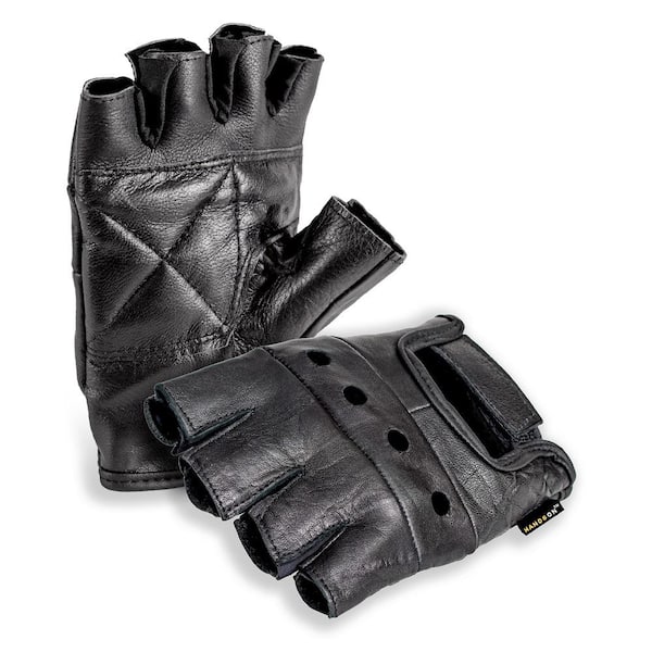 HANDS ON Top Grain Leather Half Finger Gloves, Padded Palm, Hook and Loop Closure