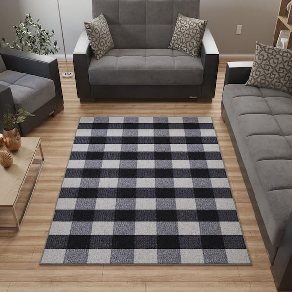 Basics Collection Non-Slip Rubberback Checkered 5x7 Indoor Area Rug, 5 ft. x 6 ft. 6 in., Black Checkered
