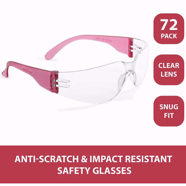 BISON LIFE Pink, Crystal Clear Lens Color Temple Safety Glasses, (72-Pairs)