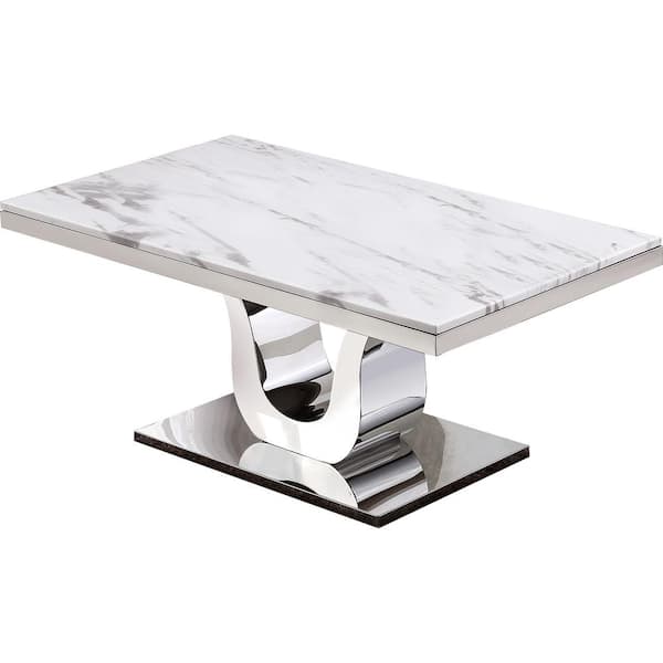Best Quality Furniture Eric 48 in. White Rectangle Marble Top Coffee Table with Stainless Steel Base