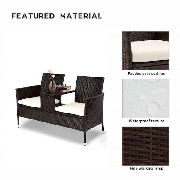 GOSHADOW Brown Wicker Outdoor Loveseat with White Cushions