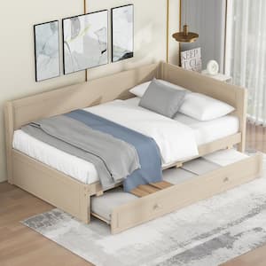 Beige Twin Wood Daybed with Trundle and Guardrail