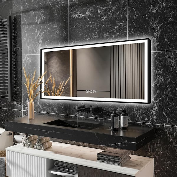 ExBrite LumiCont 60 in. W x 28 in. H Large Rectangular Black Framed Anti-Fog LED Wall Bathroom Vanity Mirror Lighted Mirror