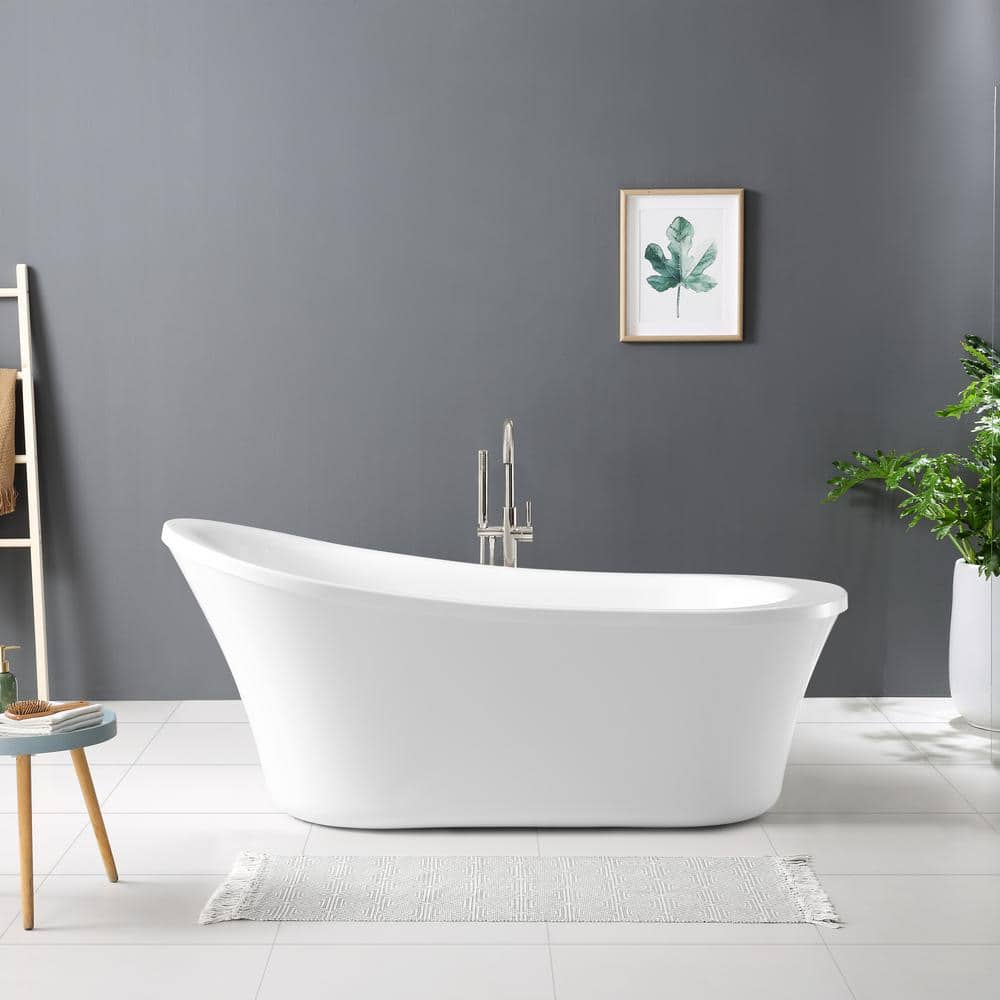 OVE Decors Skylar 70 in. Acrylic Slipper Flatbottom Non-Whirlpool Reversible Drain Bathtub in White, White tub Chrome drain -  Rachel 70