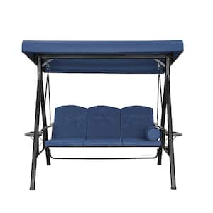 Navy Blue Steel 3-Person Outdoor Canopy Swing Patio Swing with Removable Mat and Convertible Canopy Swing