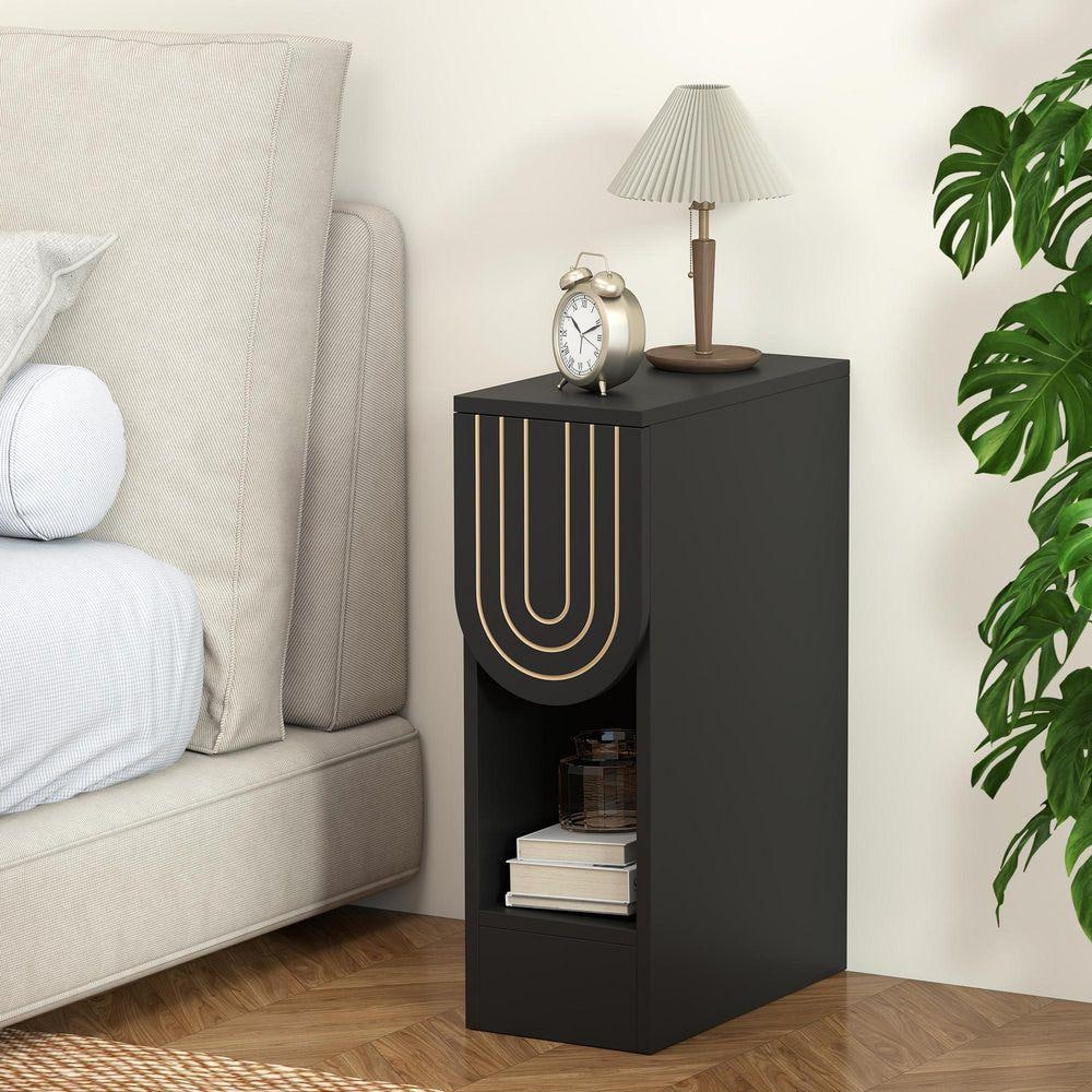 ATHMILE Engraving lines Black Single Drawer Nightstand BLK