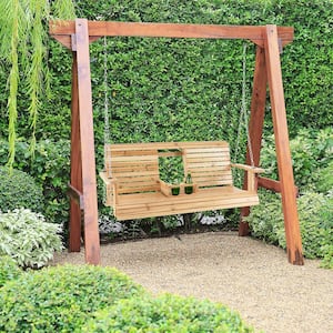 2-seat Wood Swing Bench with Folding Cup Holder and Sturdy Metal Hanging Chains