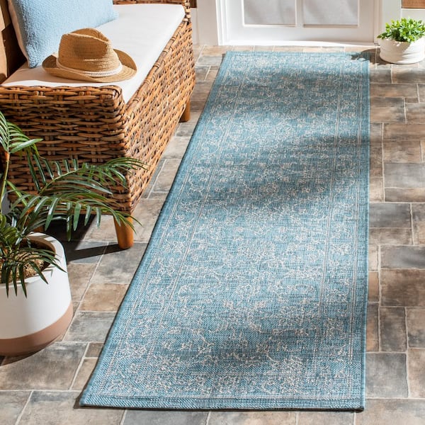 Courtyard Aqua/Gray 2 ft. x 16 ft. Border Floral Scroll Indoor/Outdoor Runner Rug