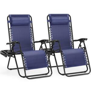 24 in. W Alloy Steel Outdoor Folding Lounge Chair with Cup Holder Tray Poolside Garden Backyard Lawn, Blue (Set of 2)