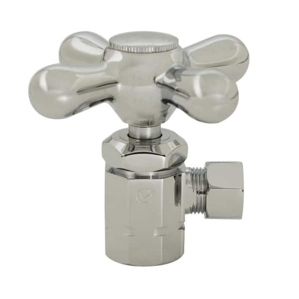 Westbrass Cross Handle Angle Stop Shut Off Valve, 1/2" IPS Inlet with 3/8" Compression Outlet, Polished Nickel