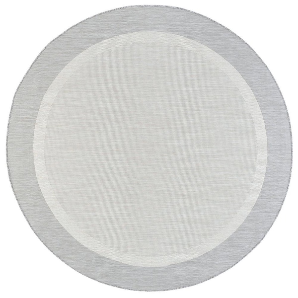 Tayse Rugs Eco Solid Border Gray 6 ft. Round Indoor/Outdoor Area Rug