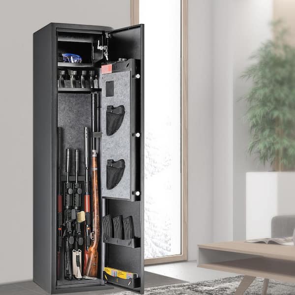 7-8 Rifles Gun Safe, Rifle Safe w/ Fingerprint and Digital Keypad Lock, Gun Storage Cabinet with Built-in Storage Locker