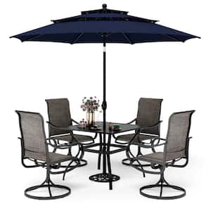 Black 6-Piece Metal Square Patio Outdoor Dining Set with Slat Table, Umbrella and Textilene Swivel Chairs