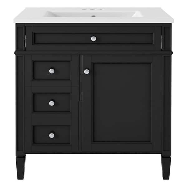 30 in. Single Sink Freestanding Black Bath Vanity with White Ceramic Top, Adjustable Shelf Tip-out Drawer, 2 Drawers