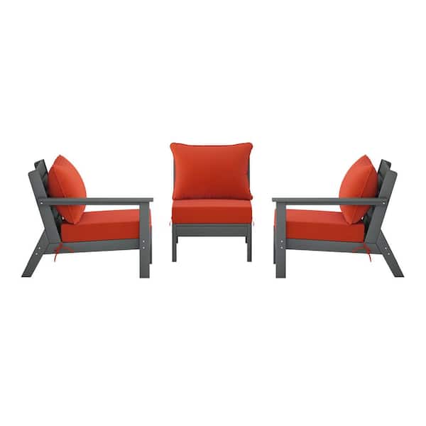 Birchwood Gray Arrangeable 3-Piece HDPE Deep Seating Outdoor Patio Conversation Sofa Arm Chair Set w/ Orange Cushions