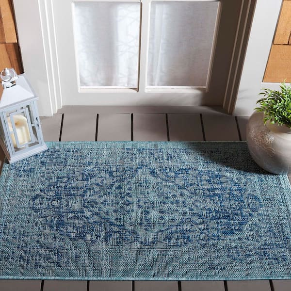 Courtyard Navy/Aqua 2 ft. x 4 ft. Medallion Border Indoor/Outdoor Area Rug