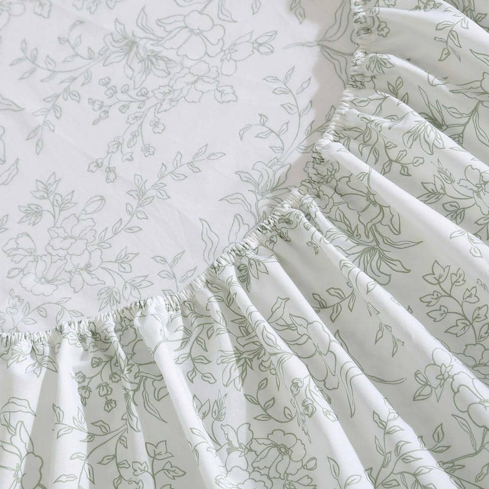 Queen White Cotton Percale Floral Deep Pocket Sheet Set