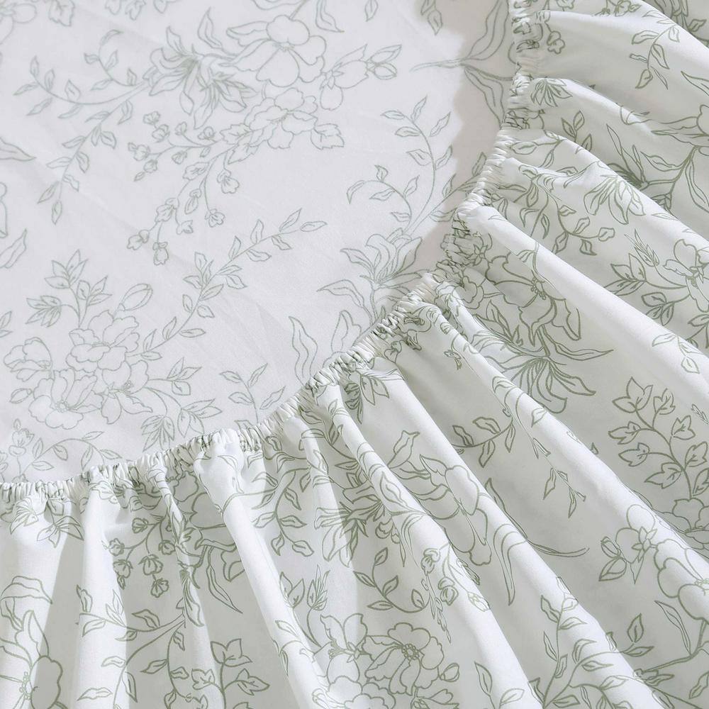 Queen White Cotton Percale Floral Deep Pocket Sheet Set