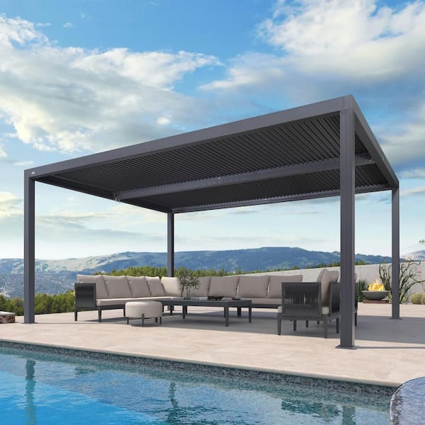 PURPLE LEAF 12 ft. x 16 ft. Gray Aluminum Frame Outdoor Patio Louvered Pergola Gazebo with Adjustable Sunshade Rainproof Roof