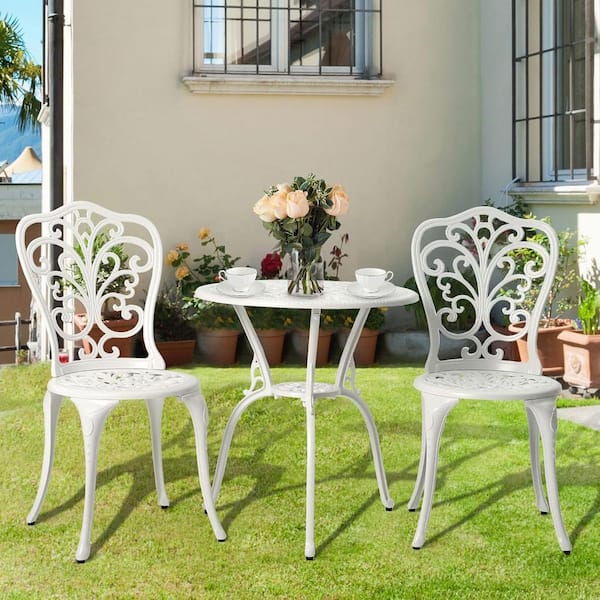 Unbranded White 3-Piece Cast Aluminum Round Table Outdoor Bistro Set with Butterfly Pattern