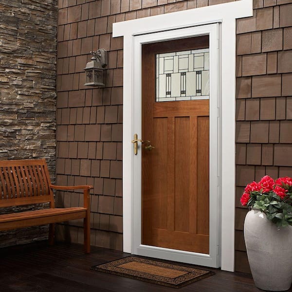 3000 Series 32 in. x 80 in.White Left-Hand Full View Interchangeable Aluminum Storm Door with Brass Hardware