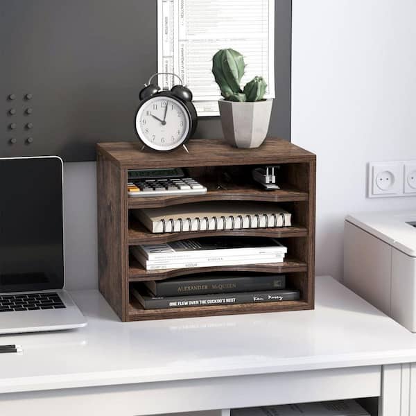 Rustic Brown 13.4 in. x 10.66 in. Wood ‎Adjustable Desk File Organizer