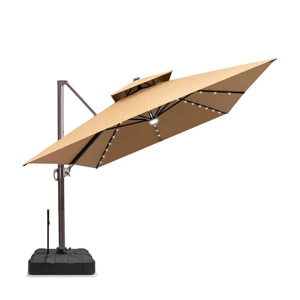 2-Tier 13 ft. Heavy 360° Swivel Solar LED Lighted Cantilever Patio Umbrella in Tan, 3D Surface Wheels and Pull Rod Base