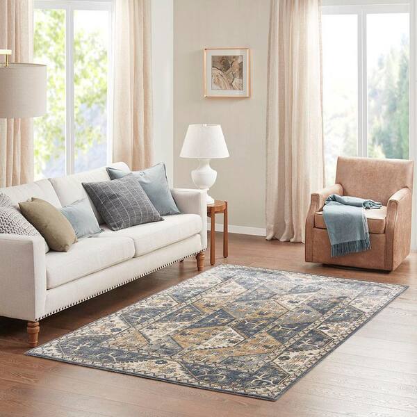 7 X 11 Blue Cream Floral Washable Area Rug
